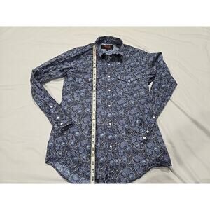 Rock & Roll Denim Paisley Pearl Snap Shirt Small Blue